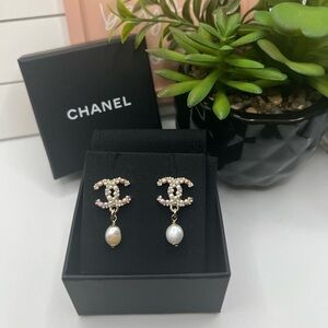 CHANEL Pink Pearl Crystal CC Dangle Earrings